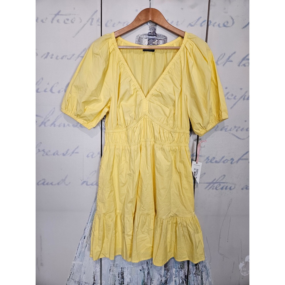 NWT Vineyard Vines Mini Dress L Yellow Poplin V-Neck Smocked Puff‎ Sleeve Tiered